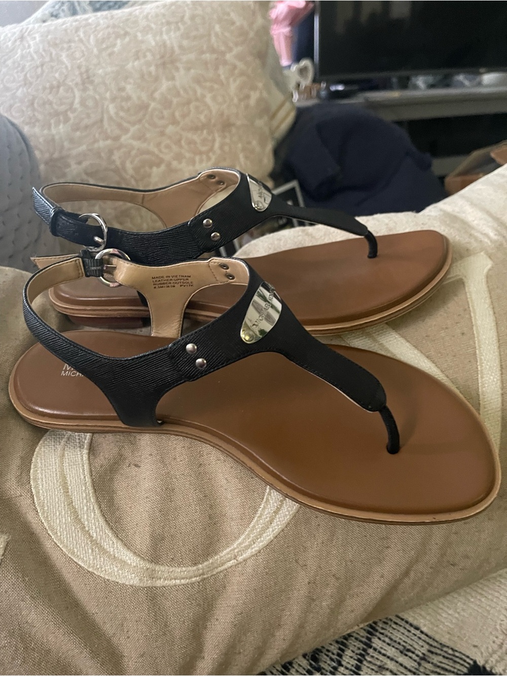 MICHAEL Michael Kors Black T‑Strap Sandals with Brown Footbed - Picture 3 of 5